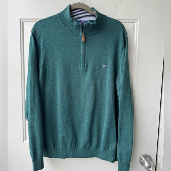 Vineyard Vines Men’s 1/4 Zip Pullover Mock Neck Sweater Forest Green Sz L Whale - Picture 1 of 4